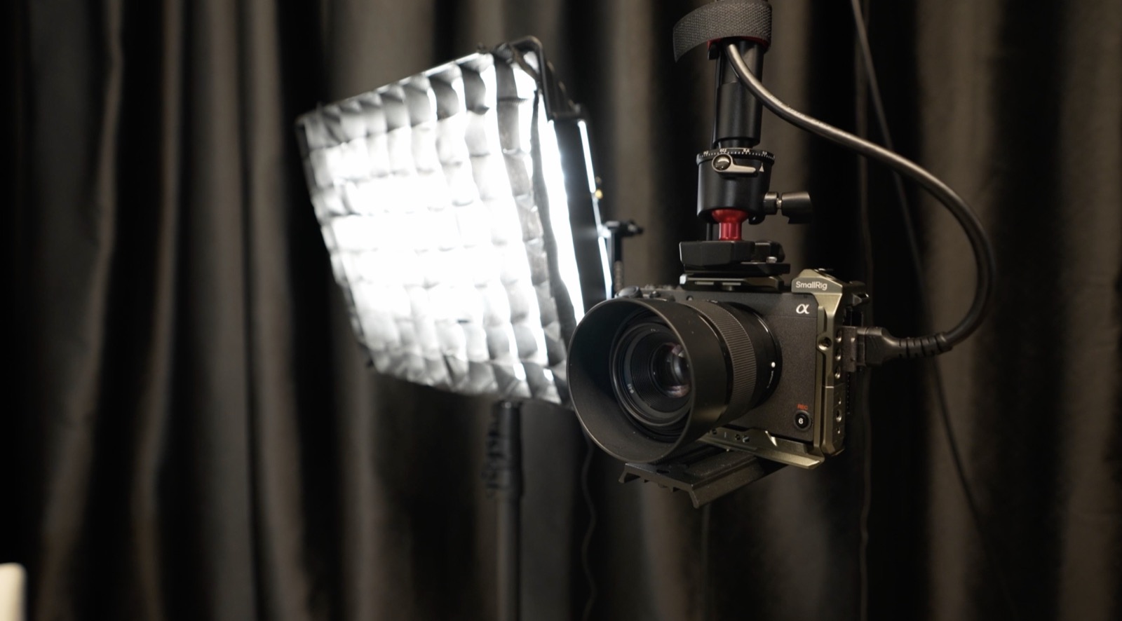 Sony cinema camera with softbox lighting in the studio