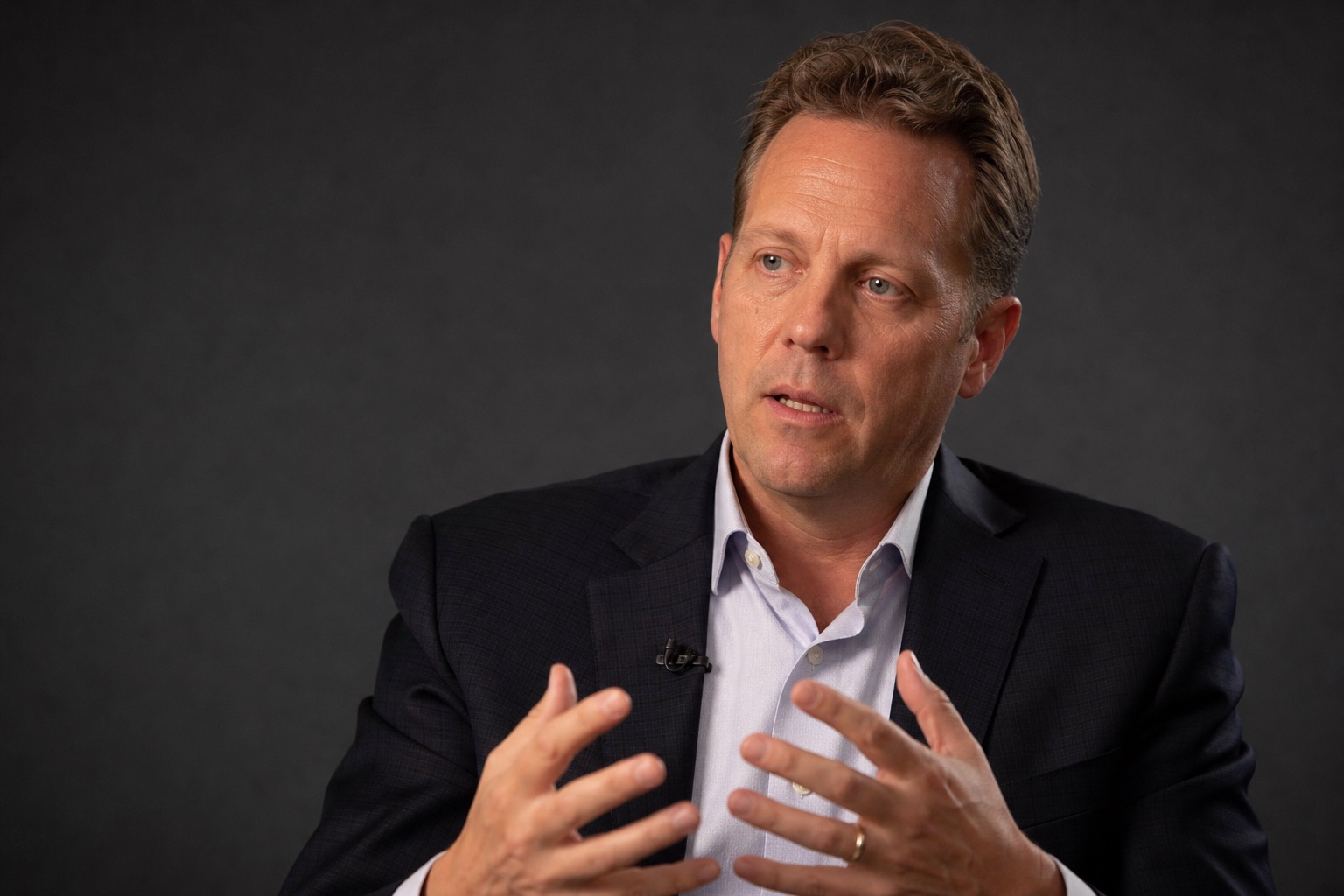 Executive recording a thought-leadership video on the teleprompter set in San Francisco