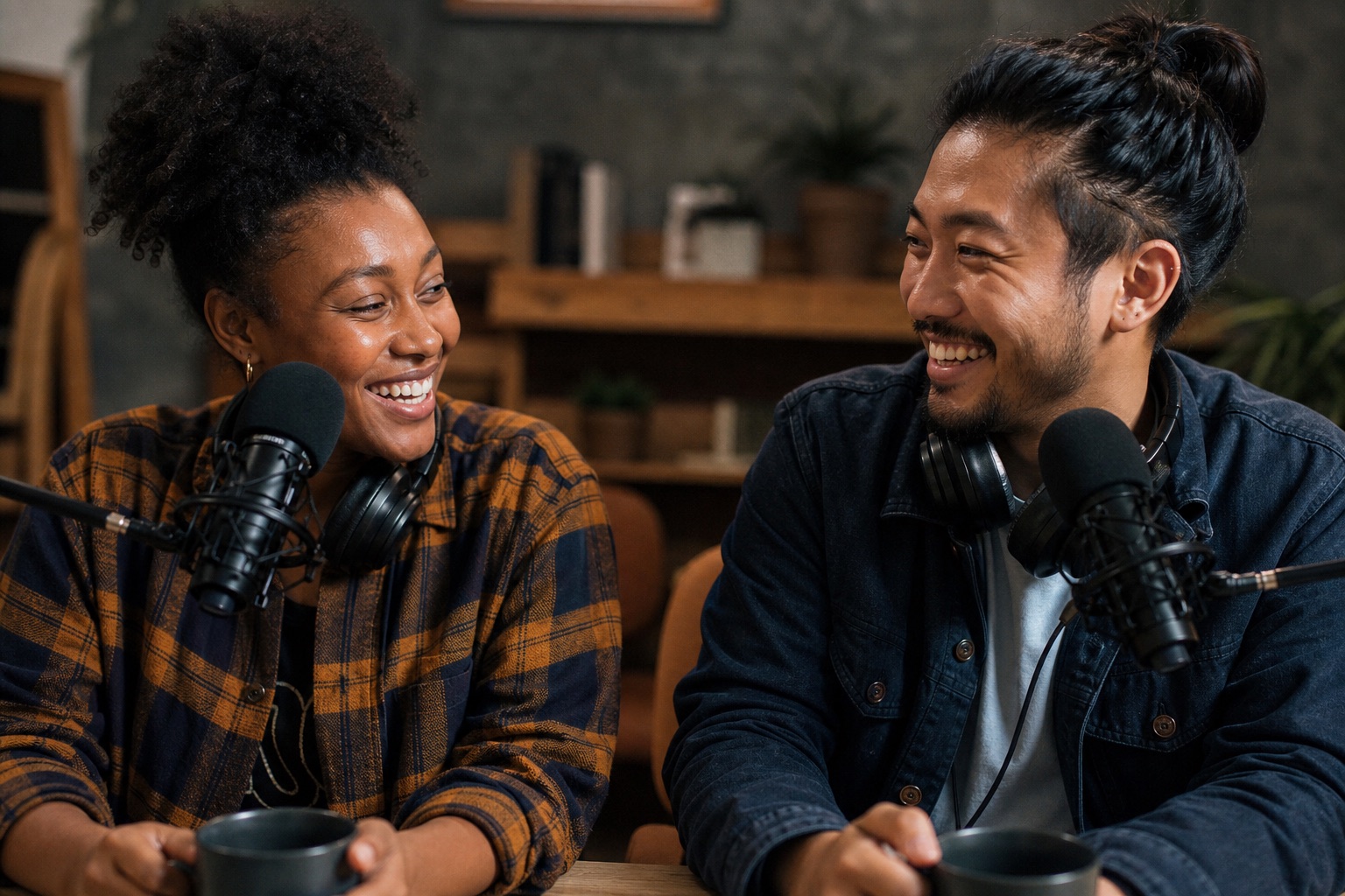 A kit to start a podcast in San Francisco: dynamic microphone, headphones, LED light, and a laptop showing an audio editing timeline