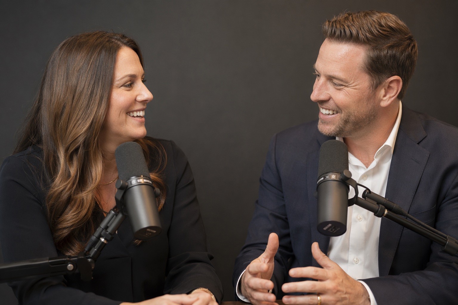 Real estate agent recording in the podcast studio on the teleprompter set in San Francisco